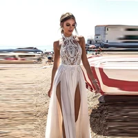 beach wedding dresses a line halter chiffon lace slit backless boho dubai arabic wedding gown bridal dress vestido de noiva