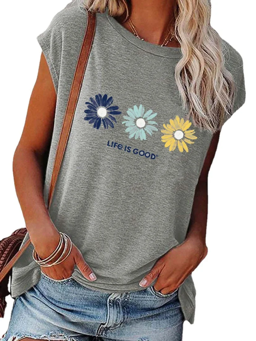 

FEOGOR Oversized T-shirt 2021 spring and summer new women's tops loose round neck flower print short-sleeved t-shirt women