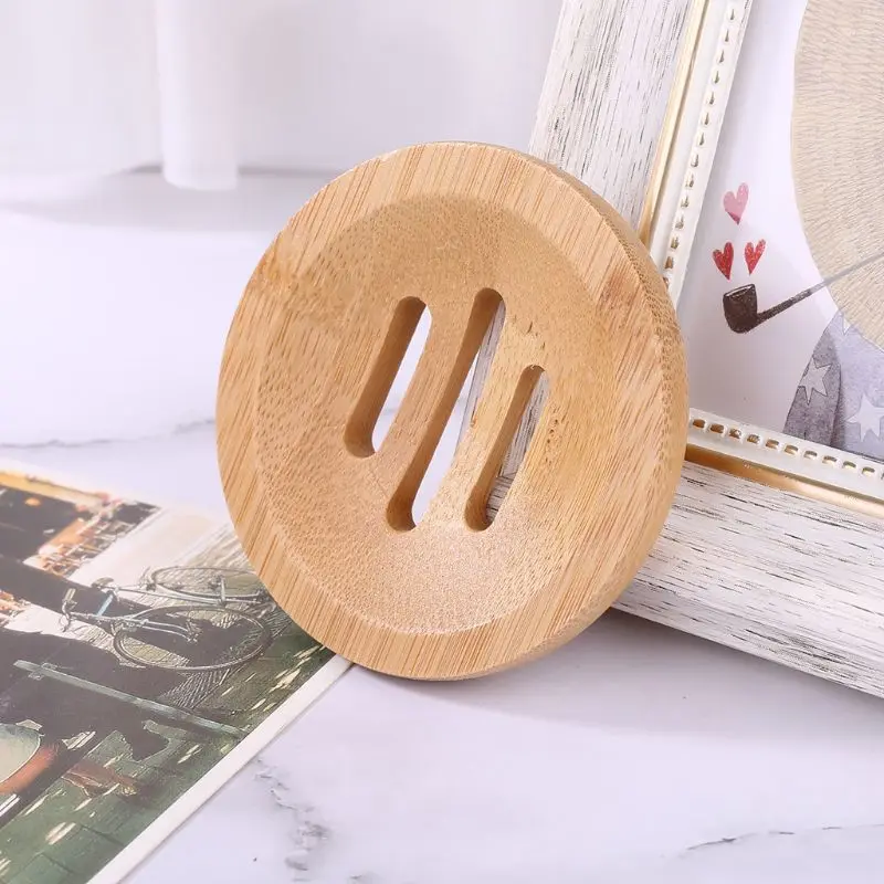 

Natural Wood Soap Tray Holder Round Shape Container Storage Bathroom Stand Rack