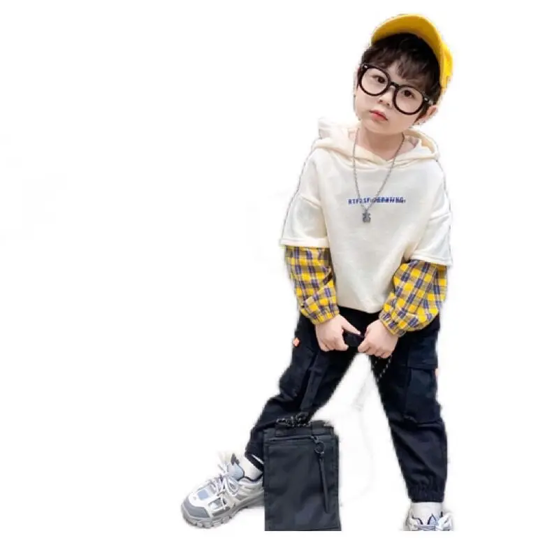 

Letter Plaid Pullover Cotton Kids Spring Autumn Boys Hoodies Sweatshirts Tops Bottoming Children Clothes High Quality