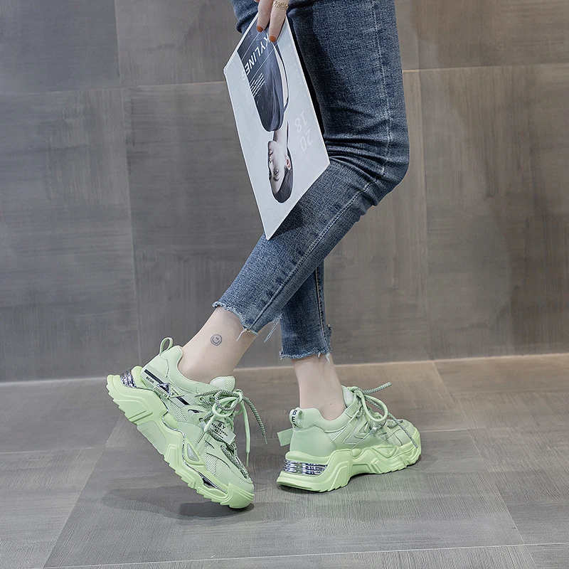 

2021 Autumn Women Chunky Sneakers Genuine Leather Lace Up Casual Shoes Platform Female Comfort Vulcanize Shoes Woman White New