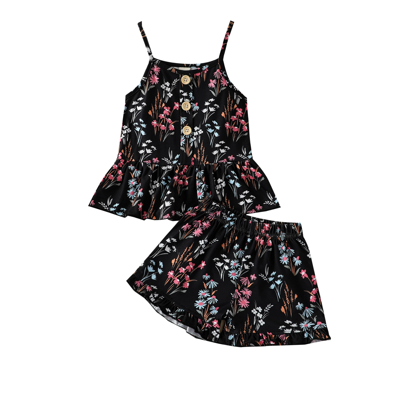 

Наряд для маленьких девочек, топы с цветочным принтом и пуговицами без рукавов, шорты на бретелях