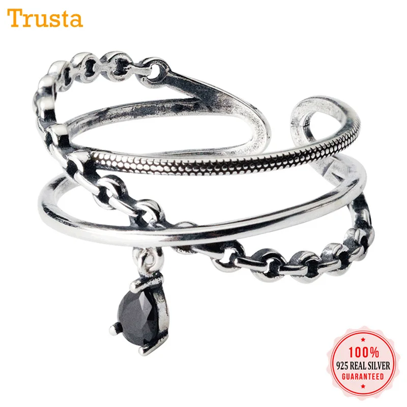 Trustdavis 100% 925 Твердые тайские серебряные трехслойные черные открытые кольца с