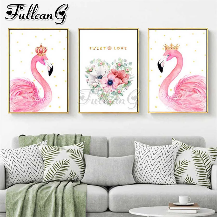 

FULLCANG diy diamond embroidery Flamingo flower animals 5d diamond painting triptych full square round drill home decor FC2407
