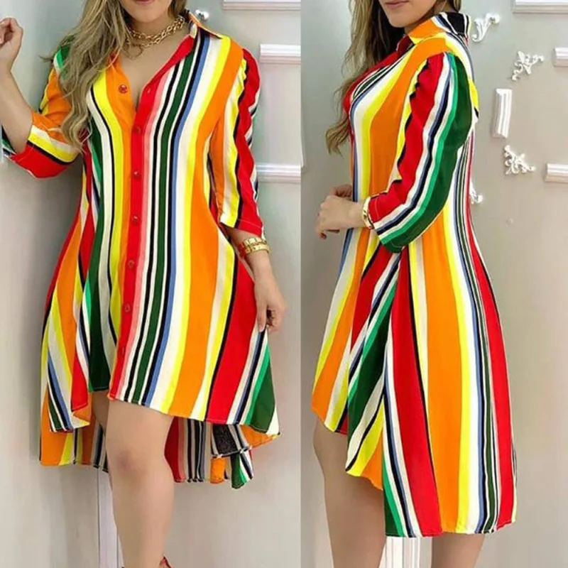 

2021 New Trendy Women Casual Dress Striped Coloblock Button Design Shirt Dress