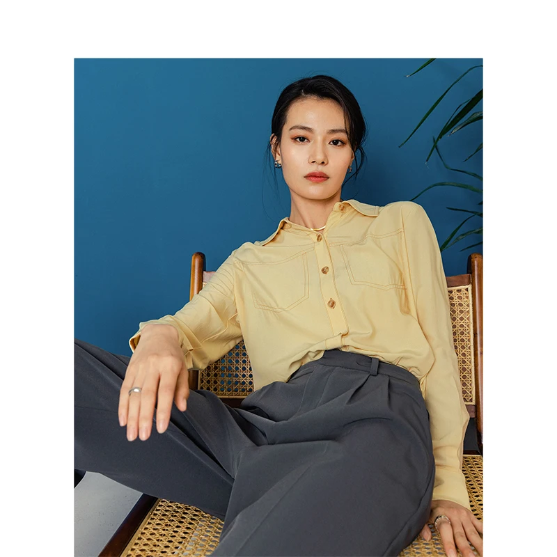 Инман 2020 весна сплошной цвет отложной воротник Поддельные карманы дизайн