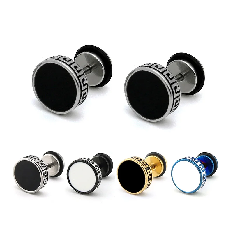 

Stainless steel earrings for men and women retro ethnic round cake barbell Korean style earrings men and women trend personality