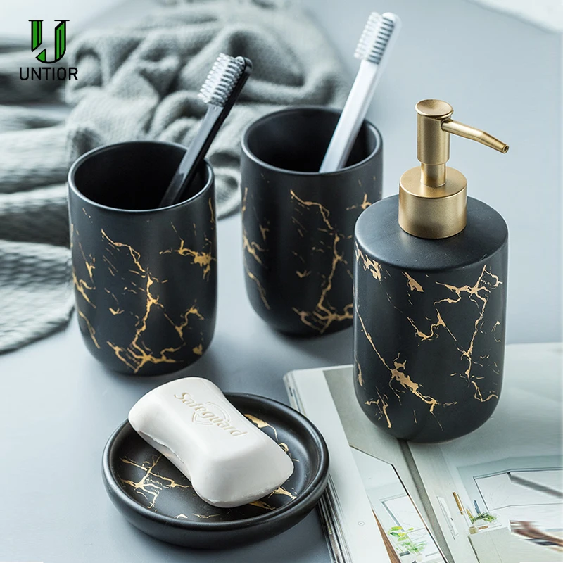 

UNTIOR Ceramic Bathroom Accessories Set Marble Pattern Washing Tools Mouthwash Cup Soap Toothbrush Holder Bathroom Supplies