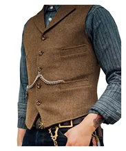 2021NEW Men's Suit Vest Brown Wedding Wool Tweed Business Waistcoat Jacket Casual Slim Fit Gilet Homme Vests For Groosmen Man (4)