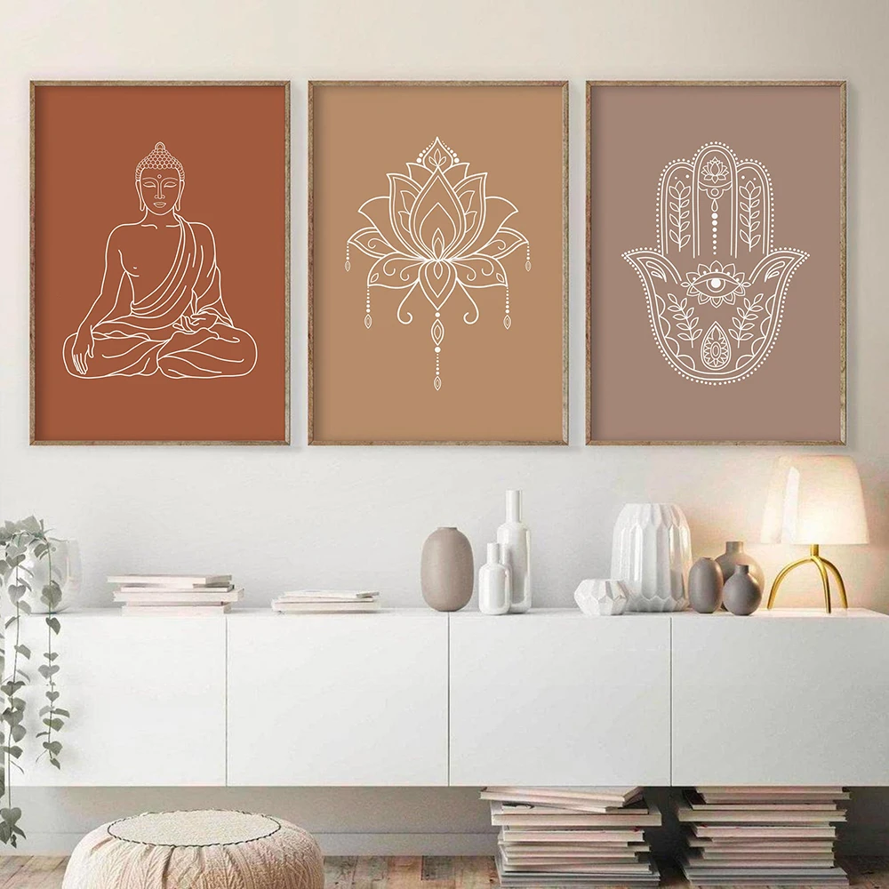 Mandala Buddha Lotus Neutral Colors Boho Wall Art Print Canvas Painting Poster Picture Zen Yoga Living Room Home Interior Decor 1