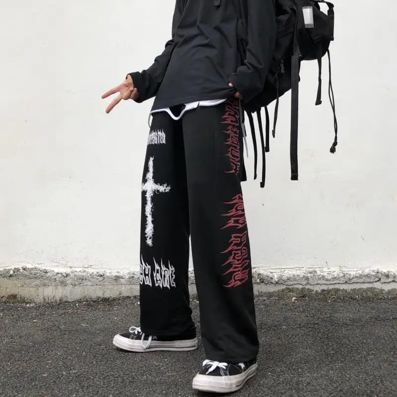 Женские широкие брюки в стиле панк HOUZHOU готика Харадзюку граффити аниме уличная