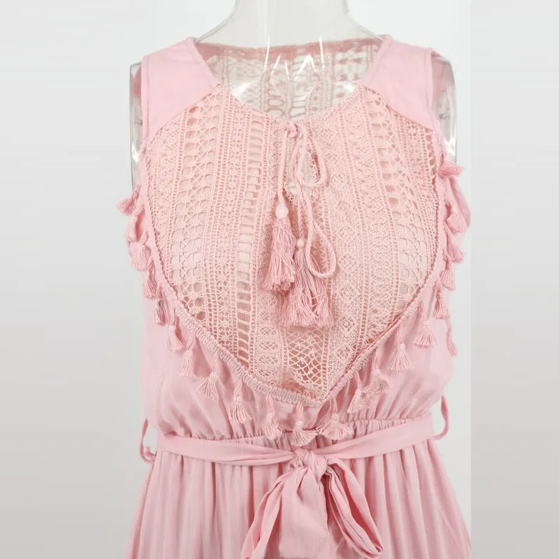 

OneLineFox Midi Elegant Lace Party Dresses Sleeveless Tunic Tassel Tunic Pink White Yellow Sash A-Line Summer Dress Women