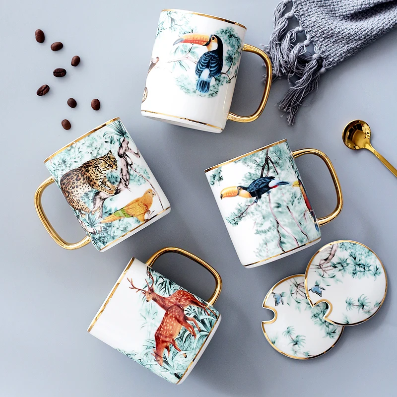

Creative Animal Ceramic Mug Coffee Cup With Lid Spoon Water Milk British Tea Party Drinking Home Drinkware Decoration