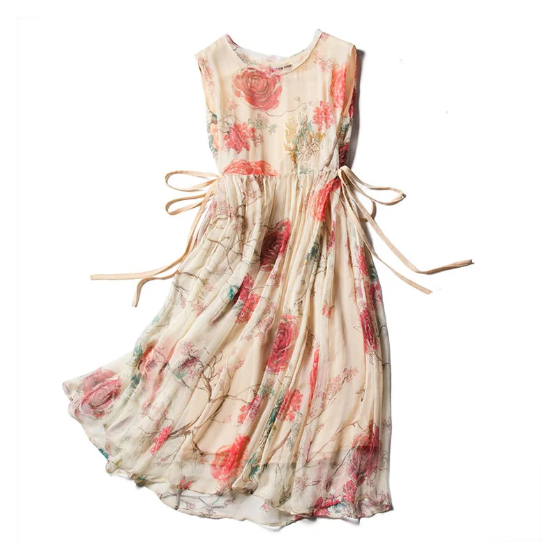 

SuyaDream Women Silk Dress 100%Silk Georgette Sleeveless Print Midi Dress 2020 Summer Boho Dress Vestidos