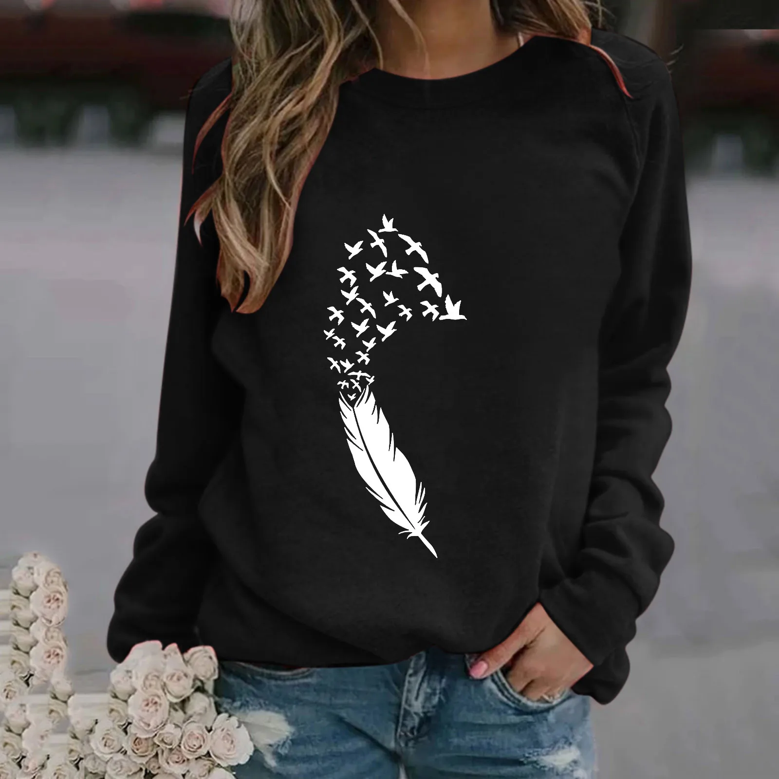 

2021 Fashion Sweatshirts Women Print Casual feather Printing Long Sleeve Sweatshirt Pullover Tops Blouse New