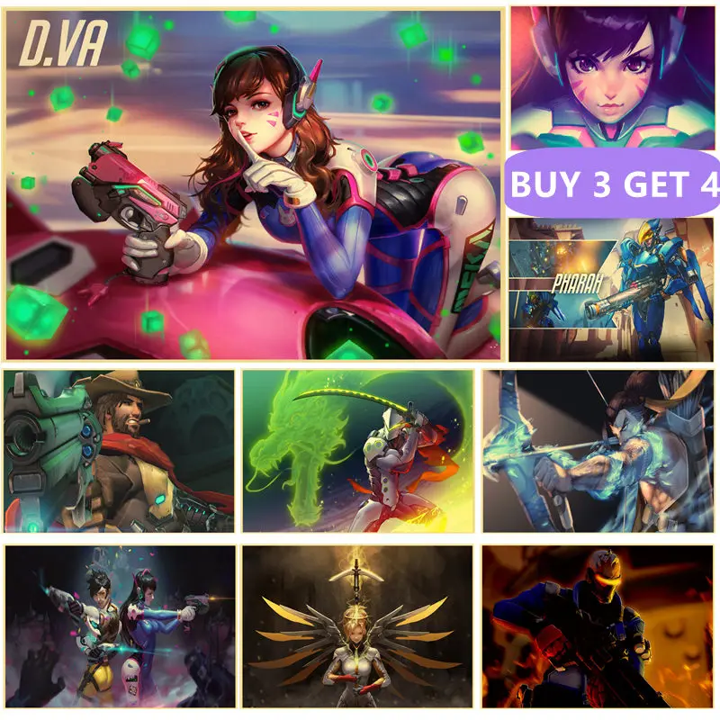 

Anime D.Va Overwatch Reaper Genji Soldier76 Mercy Vintage Kraft Paper Poster Home Bar Art Decoration Painting Bedroom Decor