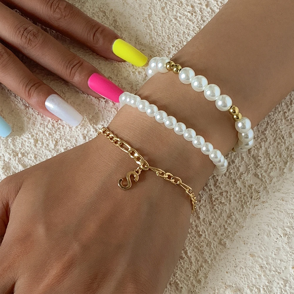

Lacteo 3Pcs/Set Vintage Letter S Bracelet For Women Bohemian Imitation Pearls Asymmetric CCB Chain Jewelry Charm Bracelet