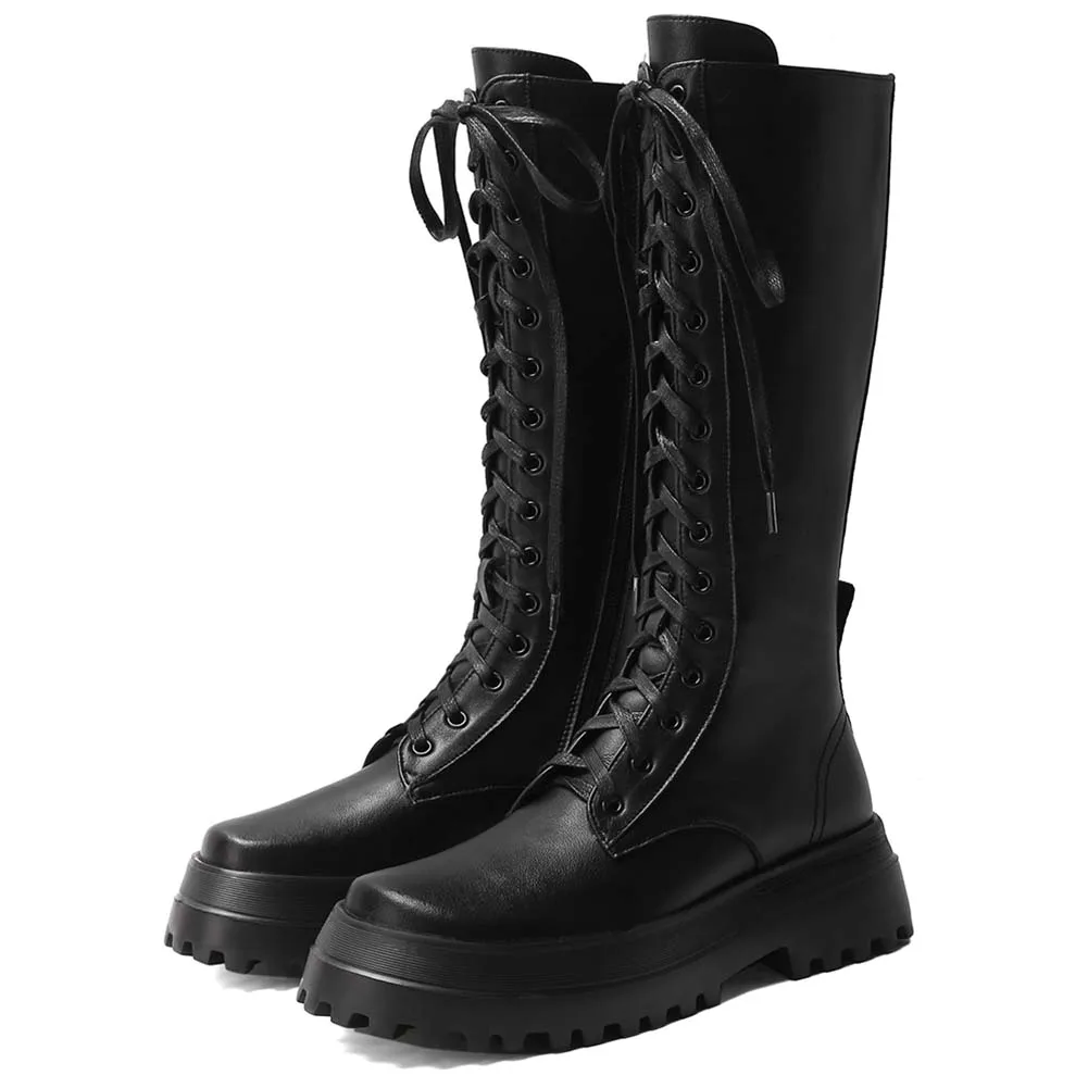 

DoraTasia Brand Design Female Genuine Leather Boots Platform Chunky Heels Shoelace Mid Calf Boots Women Fashion Shoes Woman