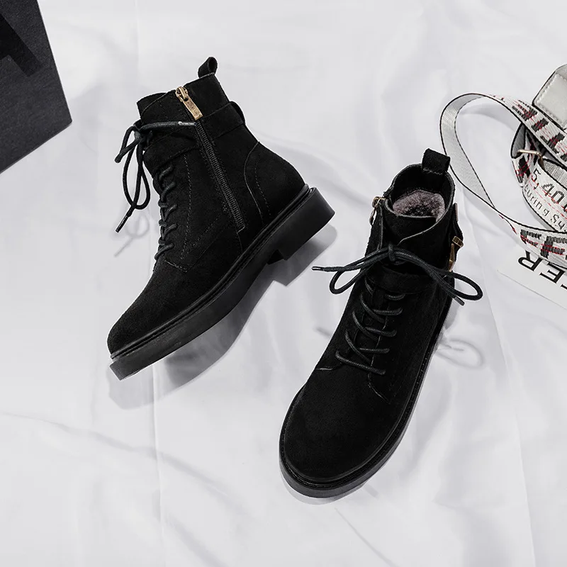Осень 2019 обувь на платформе для женщин ботинки мартинсы из флока черные