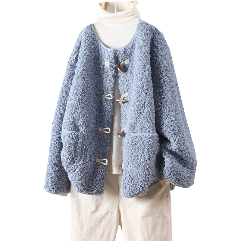 

new Winter loose ox horn button color cashmere coat women's casual versatile long sleeve art cotton clothing wholesale