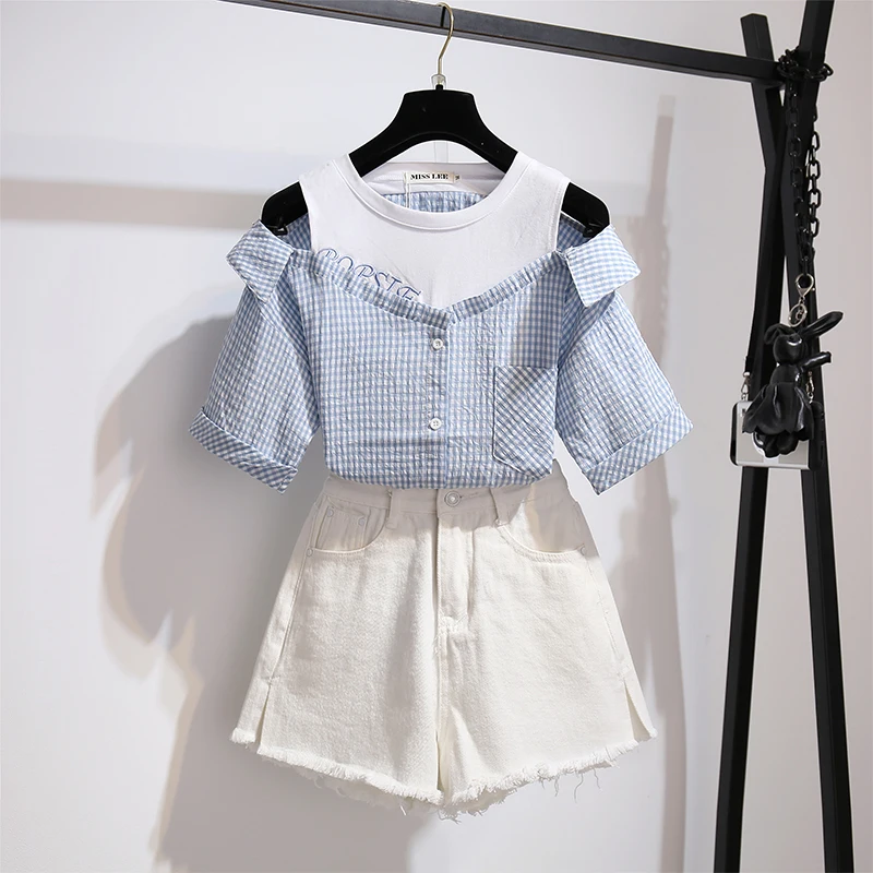 Женский летний комплект из 2 предметов Корейская рубашка в клетку с открытыми