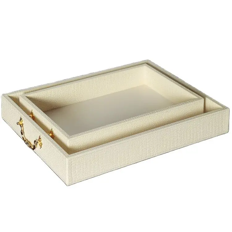 

Pearly white PU serving tray with golden handles square bedside table organization tray European style