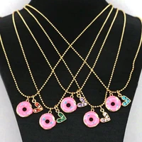10pcs cute pink enamel donuts charm pendant and heart crystal charm necklace gold plated fashion trendy handmade jewelry