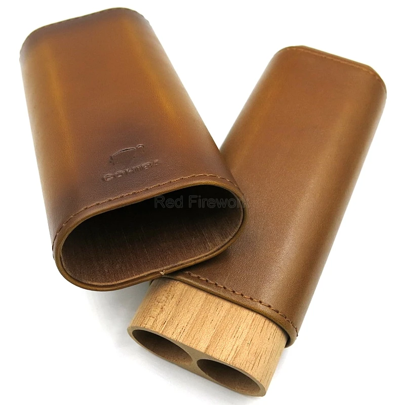 COHIBA, кедровое дерево, коровья кожа, Дорожный Чехол для сигар, держатель, портативный, 2 трубки, хьюмидор, мини-коробка для хранения сигар с подарочной коробкой