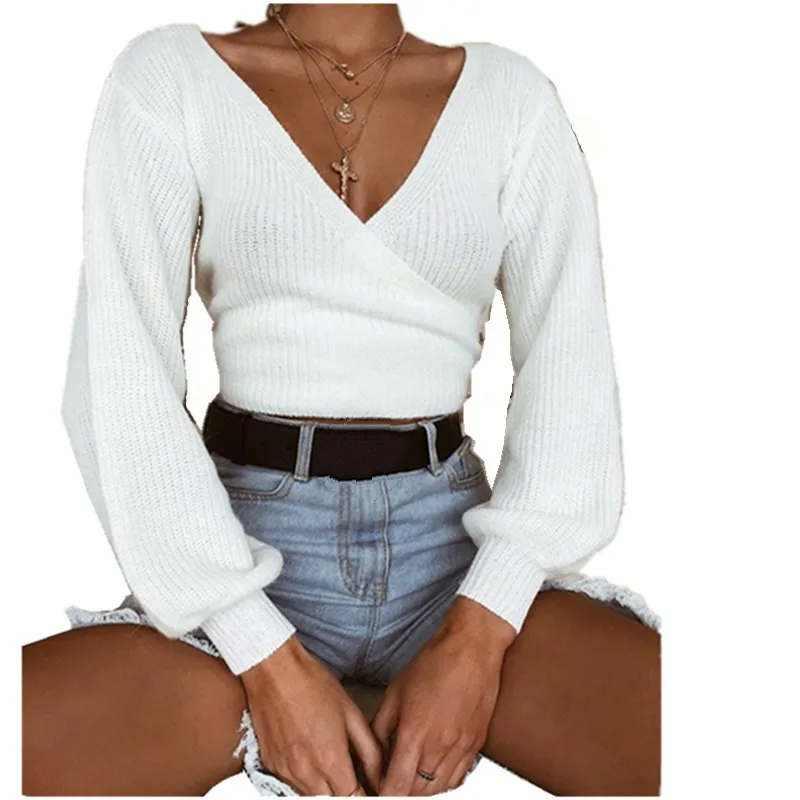 Autumn Winter Sweaters Tops Loose Slim Sweater Pullover Casual Solid Fashion White Long Sleeve V-neck Women Clothing Sexy | Женская