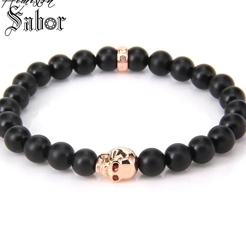 Черный обсидиан и розовое золото бусины черепа эластичный браслет Rebel Rock