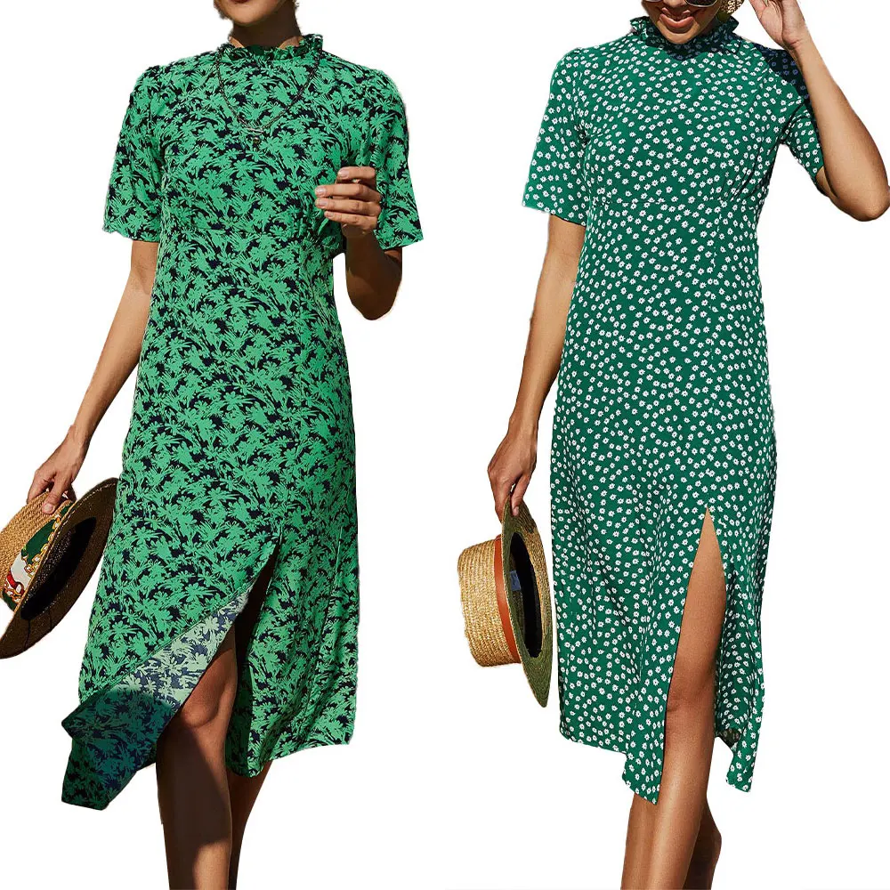 Женское элегантное платье с коротким рукавом и цветочным принтом летнее зеленое