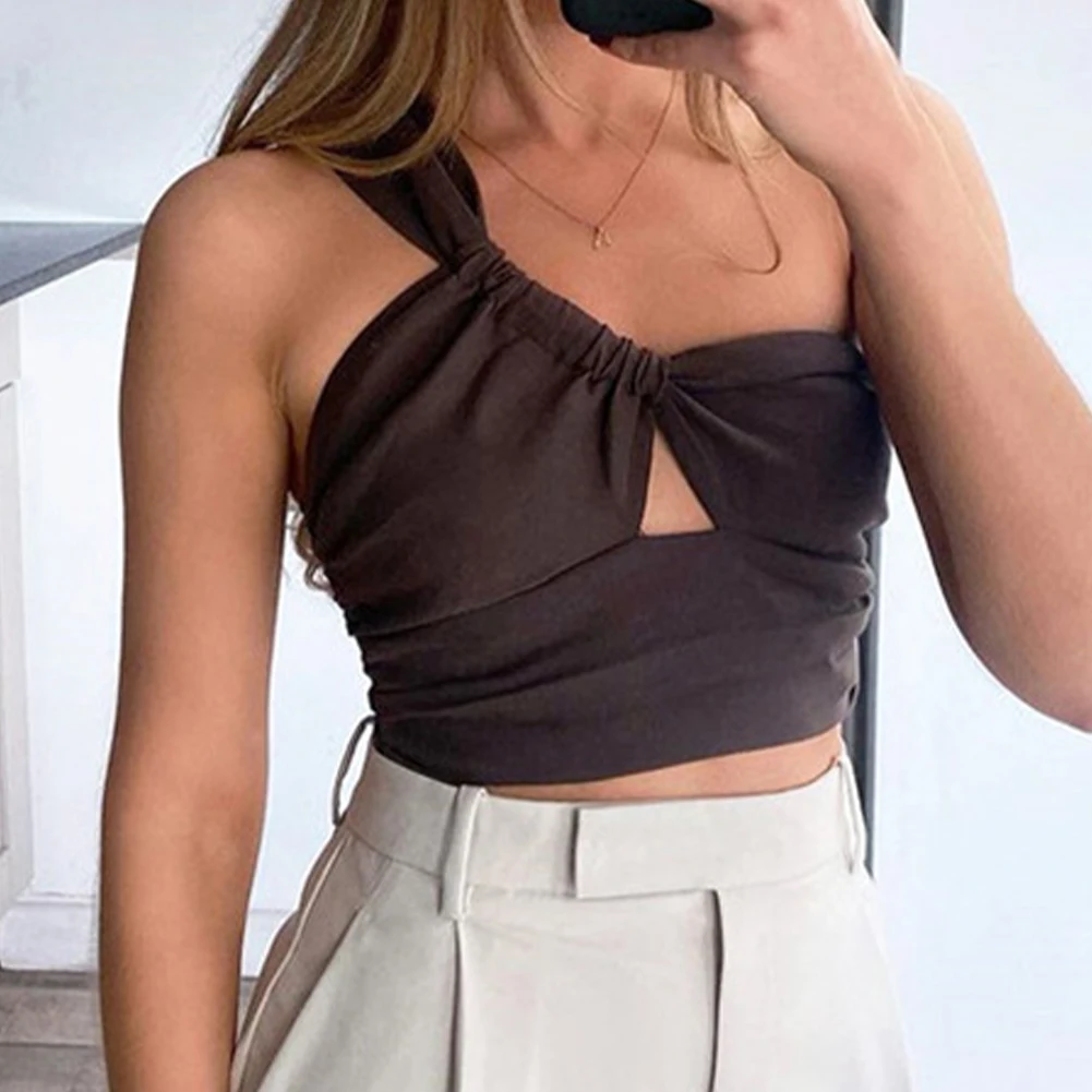 

YiYiMiYu Summer Autumn Sleeveless Crop Top Women Casual Brown Beach Off Shoulder Bandage Hollow Out Tank Tops Sexy Bacckless