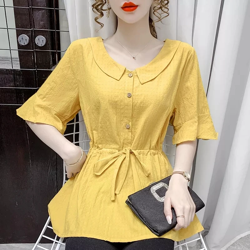 

Houthion Loose Women's Blouses Fashion Short Sleeve Top Solid Color Waist Tie Buttons Doll Collar Shirt Summer New Casual Blouse