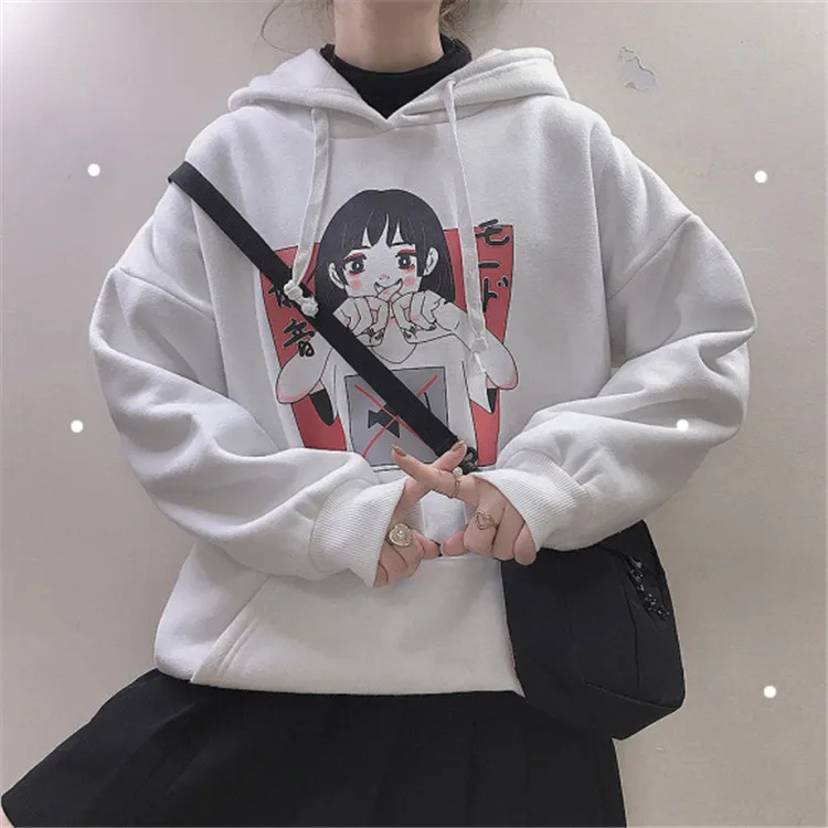 Harajuku Kawaii аниме девушка с капюшоном Толстовка японский Винтаж милый черный флис толстовка с рисунком женский объемный пуловер