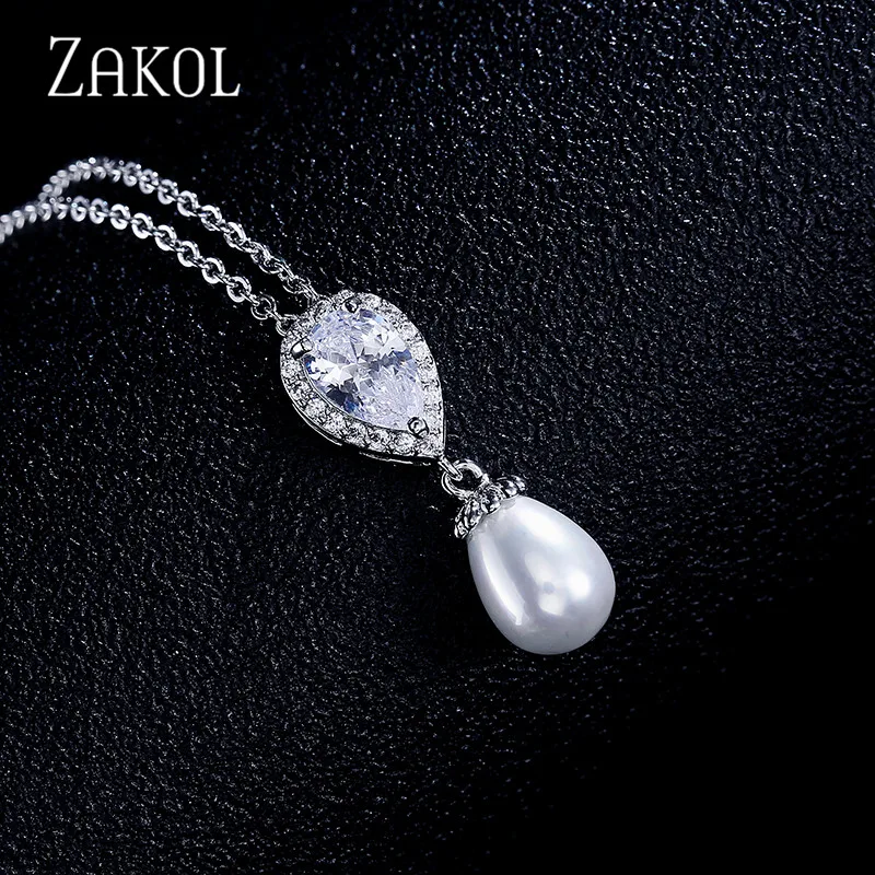 ZAKOL Мода капли воды Искусственный жемчуг кулоны ожерелья прозрачный циркония