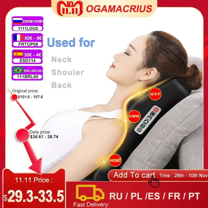

Ogamacrius Multifunction Massage Pillow Neck Shoulder Back Full Body Black Electric Healthy Home Car Shiatsu Massager