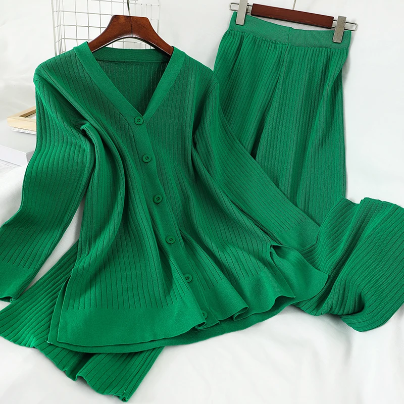 

Summer New Knitted Two Pieces Sets Single Breasted V-neck Long Sleeve High Waist Wide Leg Pants Women Suit