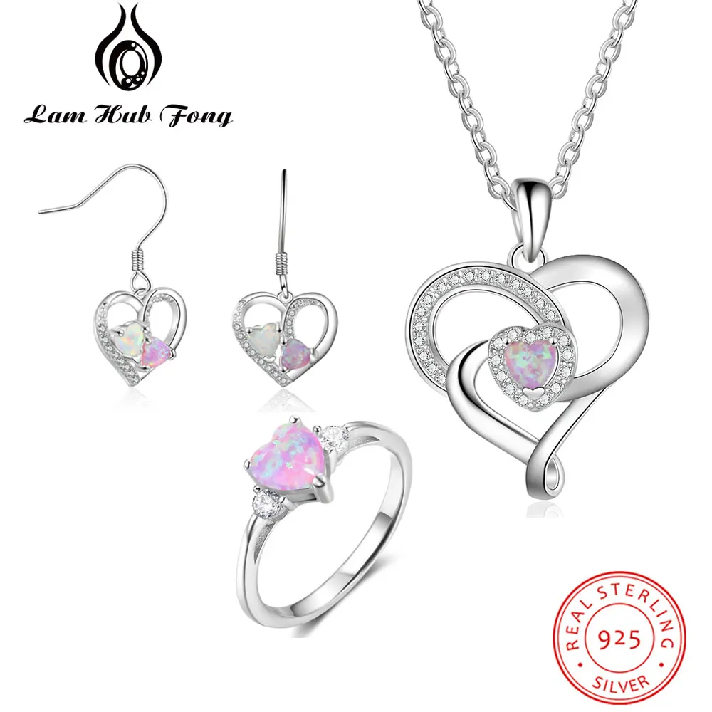 925 Sterling Silver Jewelry Sets with Pink Heart Opal Stone Clear CZ Ring Necklace Earrings Bridal Jewelry Sets (Lam Hub Fong)