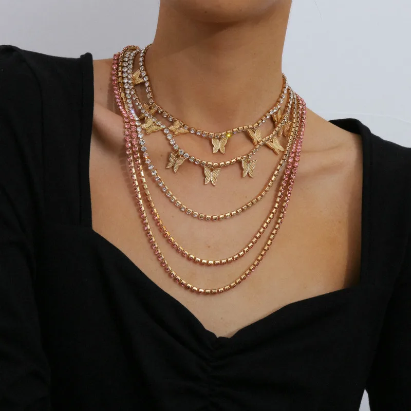 

2020 New Design Chains Necklaces Style Multi-layer Claw Chain Rhinestone Necklace for Women Butterfly Pendant Necklace Female