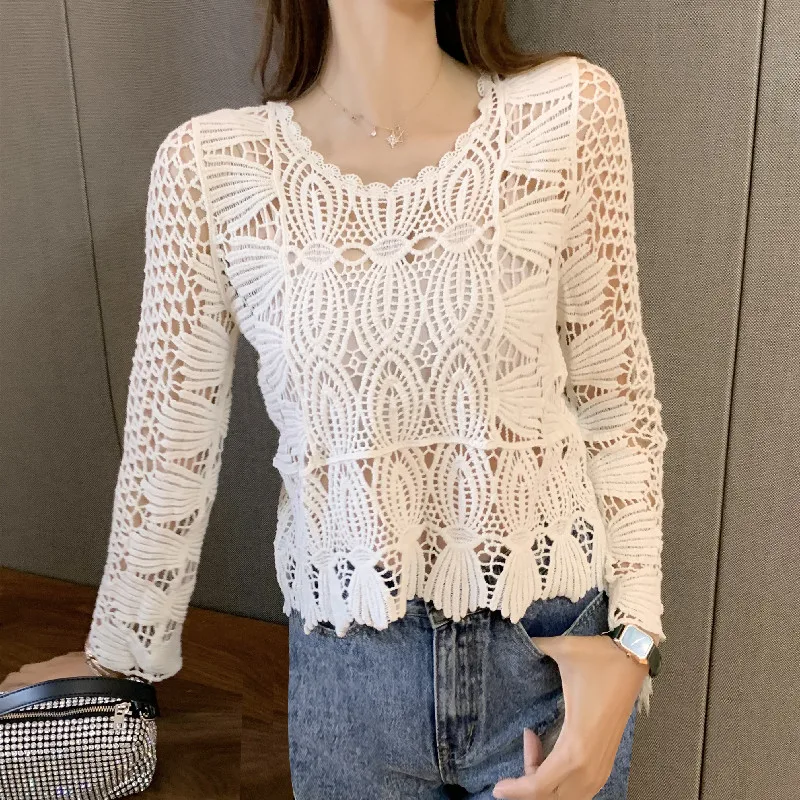 

Lace Blusas Women Fashion Long Sleeve Hook Flower Hollow Blouse 2021 Summer Women Clothes Vintage Crochet Tops Smock Shirt A666