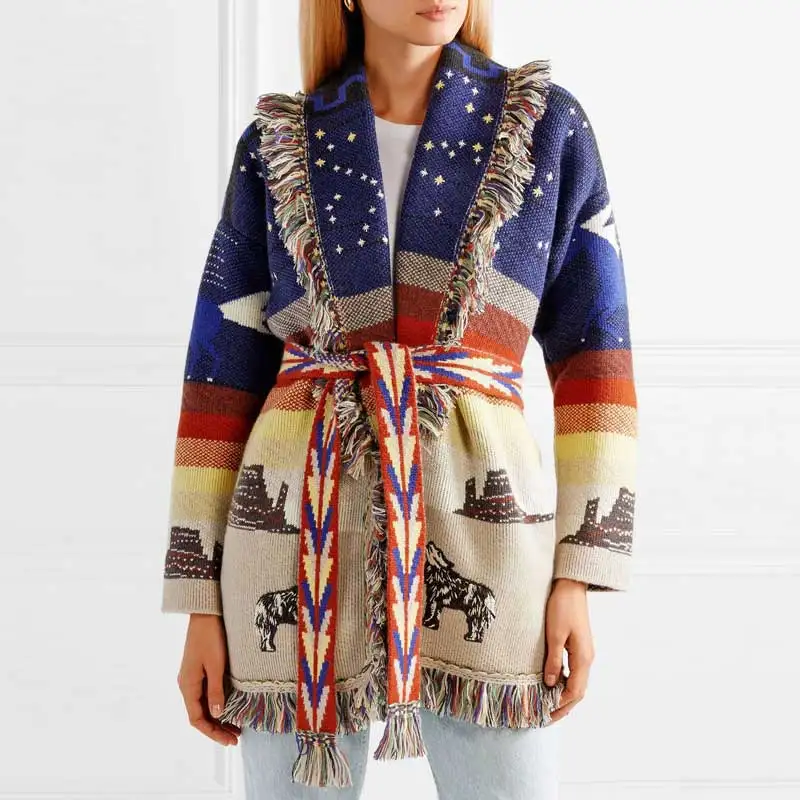 Кардиган YAMDI с поясом ручной работы жаккардовый кардиган оборками свитер длинным