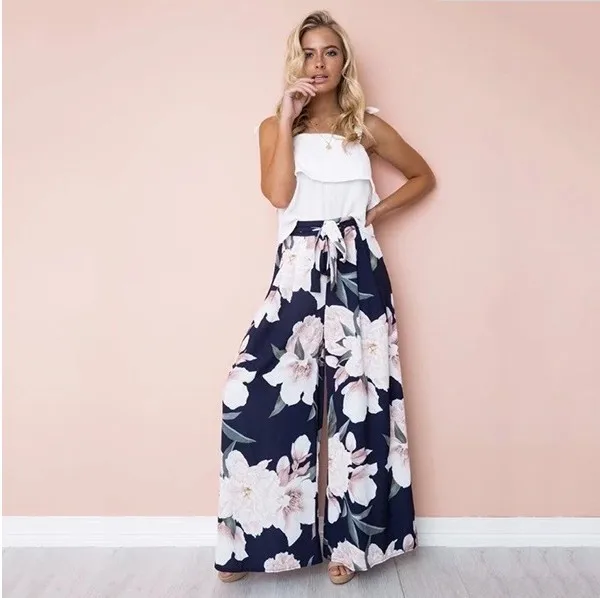 Floral Print Wide Leg Pants Women Long Casual Chiffon Trousers Summer Boho Beach Elastic High Waist Spring | Женская одежда