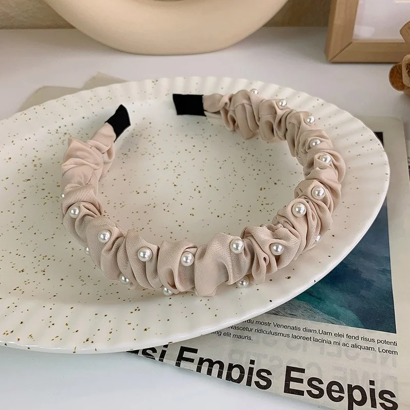 Женская повязка для волос с искусственным жемчугом черная или бежевая неровными