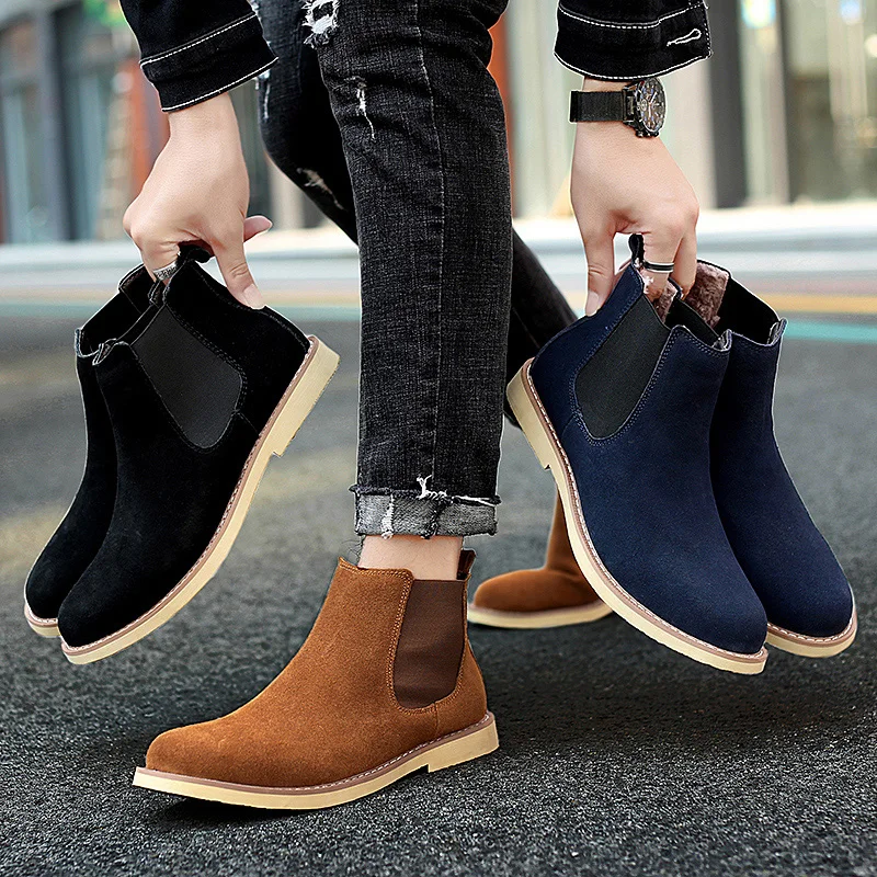 

New Winter Warm Plush Men Boots High Quality Cow Suede Men Chelsea Boots Non-slip Snow Boots Handmade Ankle Boots Big Size