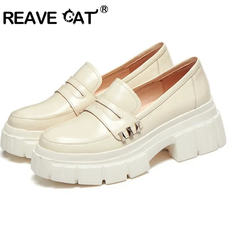 

REAVE CAT 2021 Lace Up Platforms Fashion Women Shoes Genuine Leather Slip On Ladies Pumps Square Toe 6.5cm High Heel Shoes