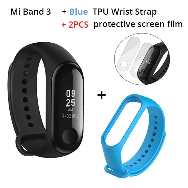 Add Blue Strap Глобальная версия Xiaomi mi Band 3 Smart Tracker Band 3 Xiao mi Band 3 Push Message сердечного ритма трекер русский английский испанский меню - Цвет: Add Blue Strap