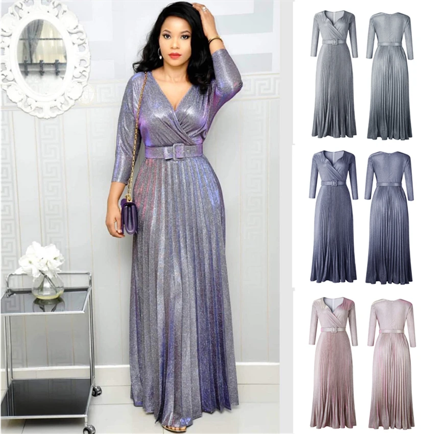 New Elegant Woman Gold Stamping African Dashiki Office Lady Fashion Pleated Evening Dress with Belt Long Sleeve Party Maxi