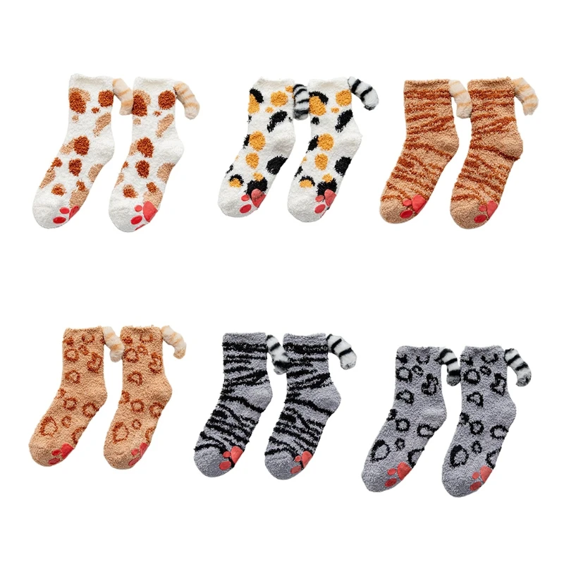 

649D Women Winter Cute Cat Paw Fuzzy Slipper Socks with Grippers 3D Kitten Plush Tail Anti-Skid Fluffy Warm Floor Hosiery