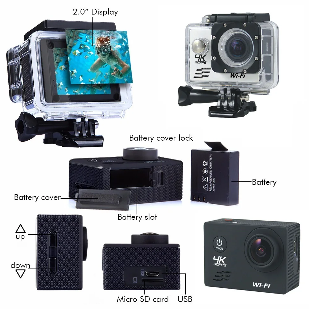 Цена Экшн-камера, 4K, 30 кадров/с, Ultra HD, Wi-Fi, 2,0 дюйма, 16 Мп, 170D, 30 м