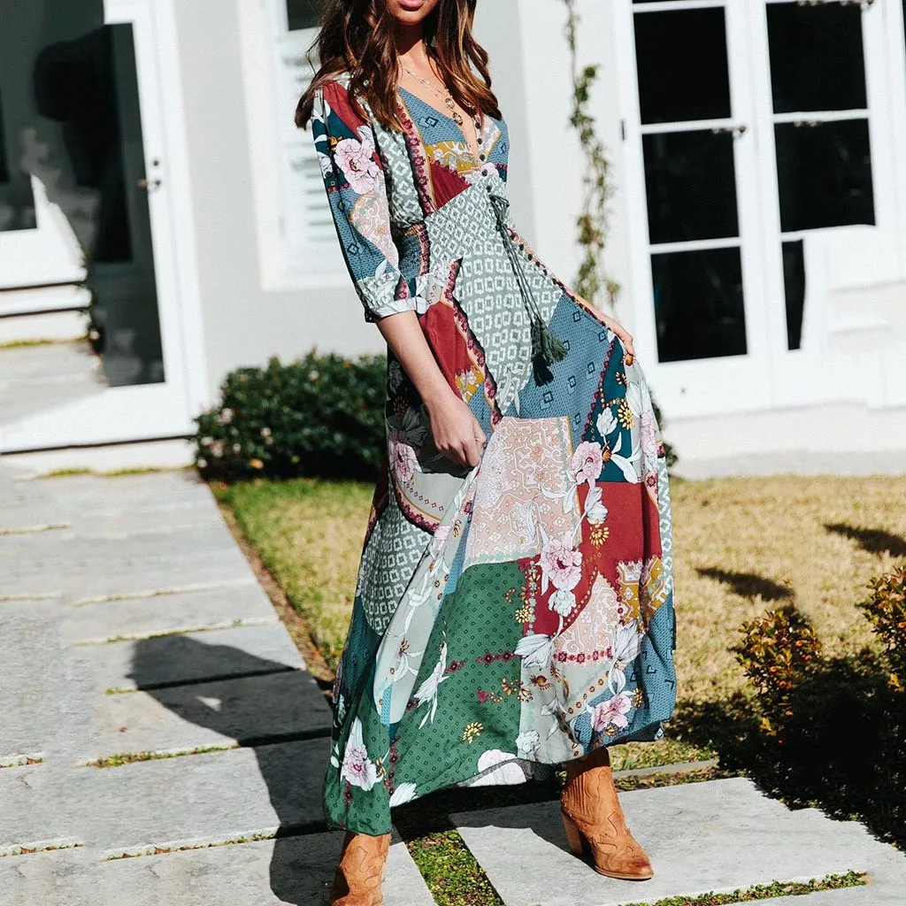 Женское платье 2019 весна осень новое женское длинное с коротким рукавом и принтом